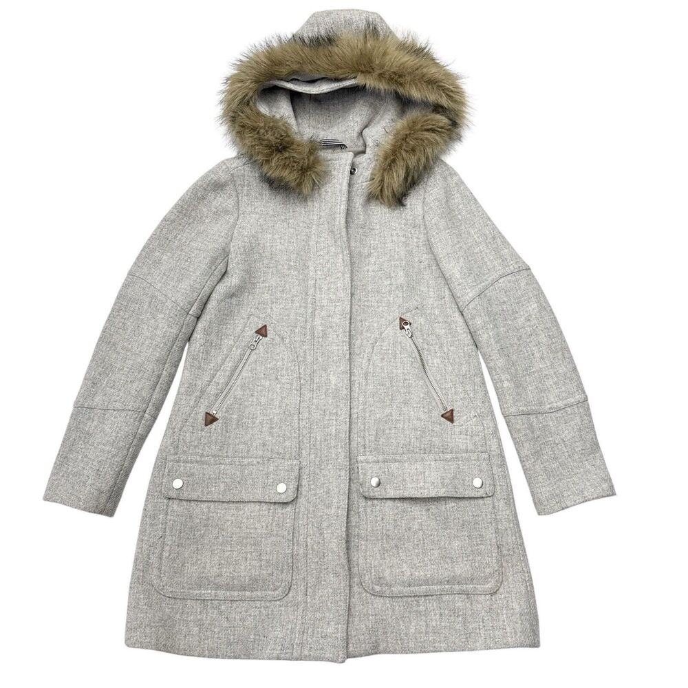 J. Crew Chateau Parka Italian Wool Stadium Cloth‎ Coat Size 0 Gray Fur Hooded